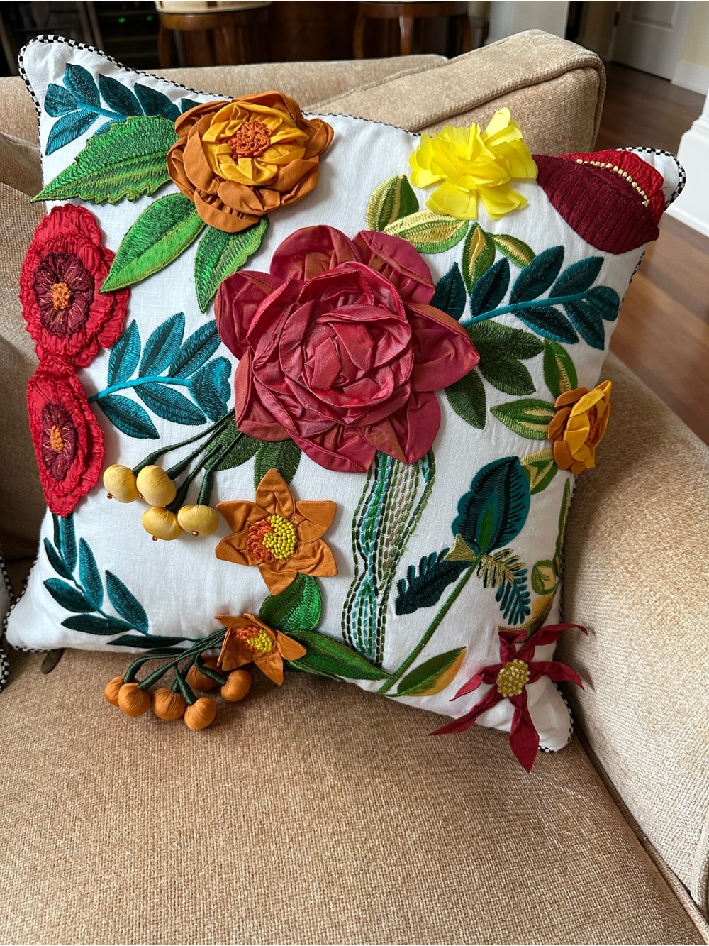 Mackenzie Childs Embroidered Floral Pillow w/3D Appliqué Red, Yellow, Green